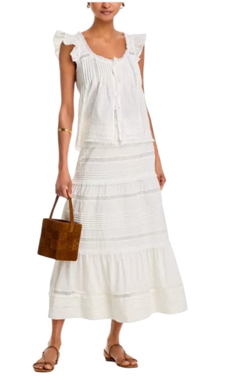 White Aqua Pintuck Lace Midi Skirt Large Cottagecore Boho Indie Romantic NEW